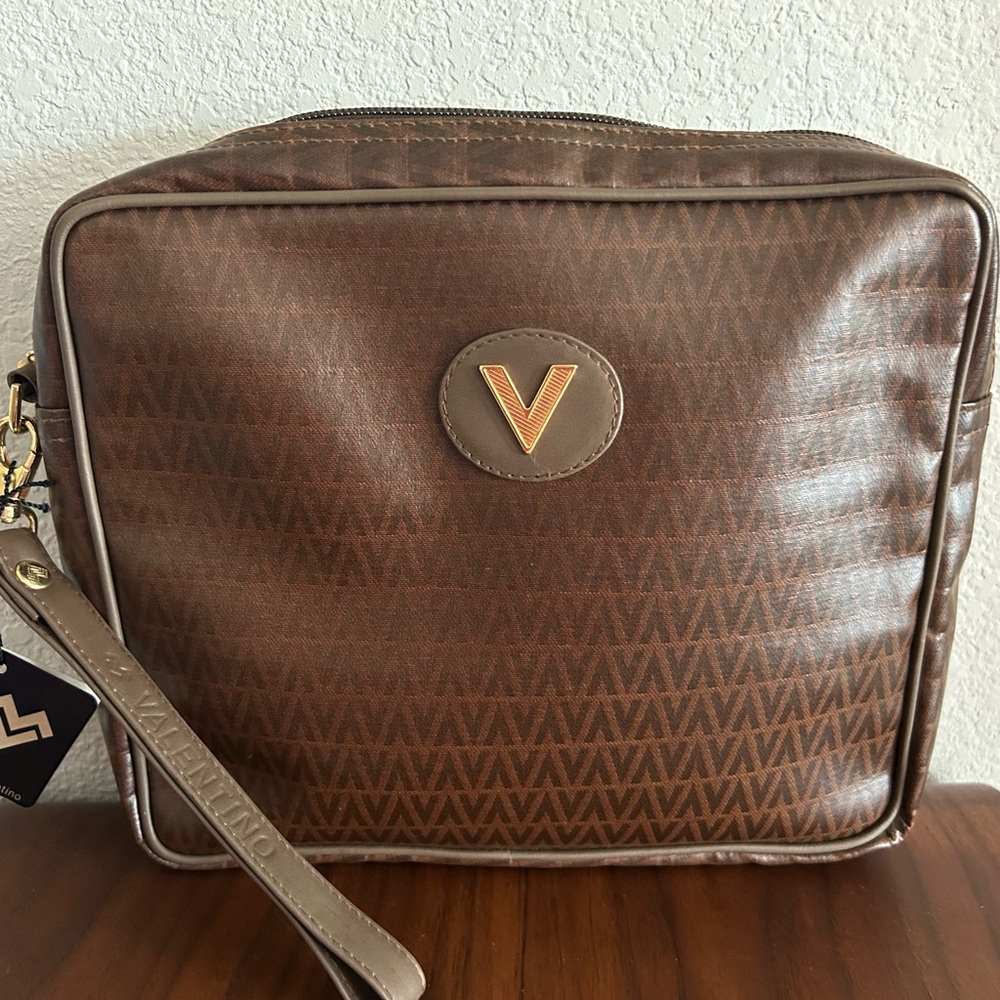 Mario Valentino Bag Clutch Unisex Vintage Pouch Zip Italian Brown Logo Handbag